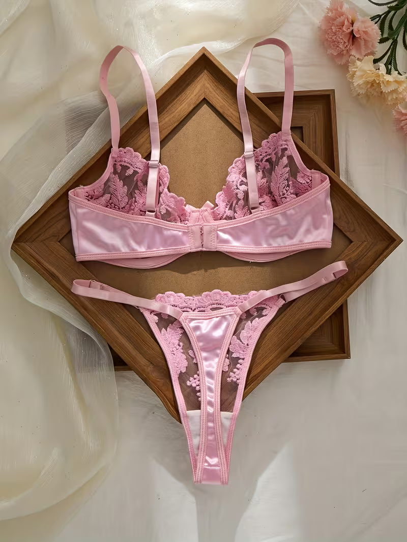 Pink Floral Embroidered Lingerie